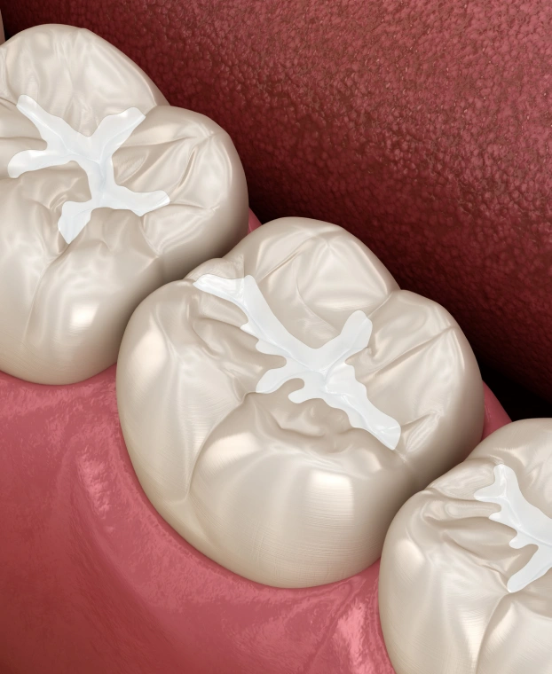Close-up of dental sealants applied to molars for cavity prevention.